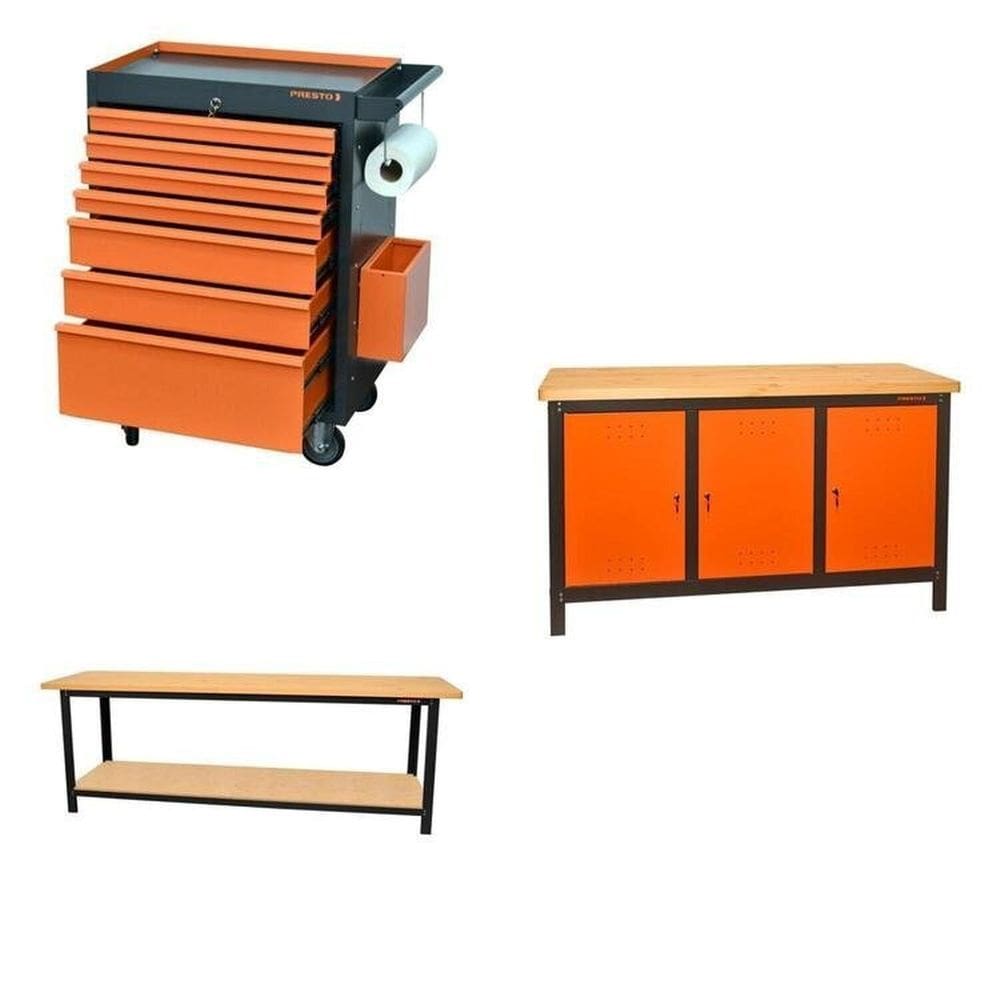 Conjunto Bancada para Ferramentas 200cm Carro de Ferramentas Profissional 7 Gavetas Presto Laranja