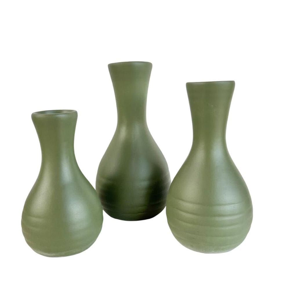 Trio vaso garrafa verde oliva em cerâmica enfeite de mesa