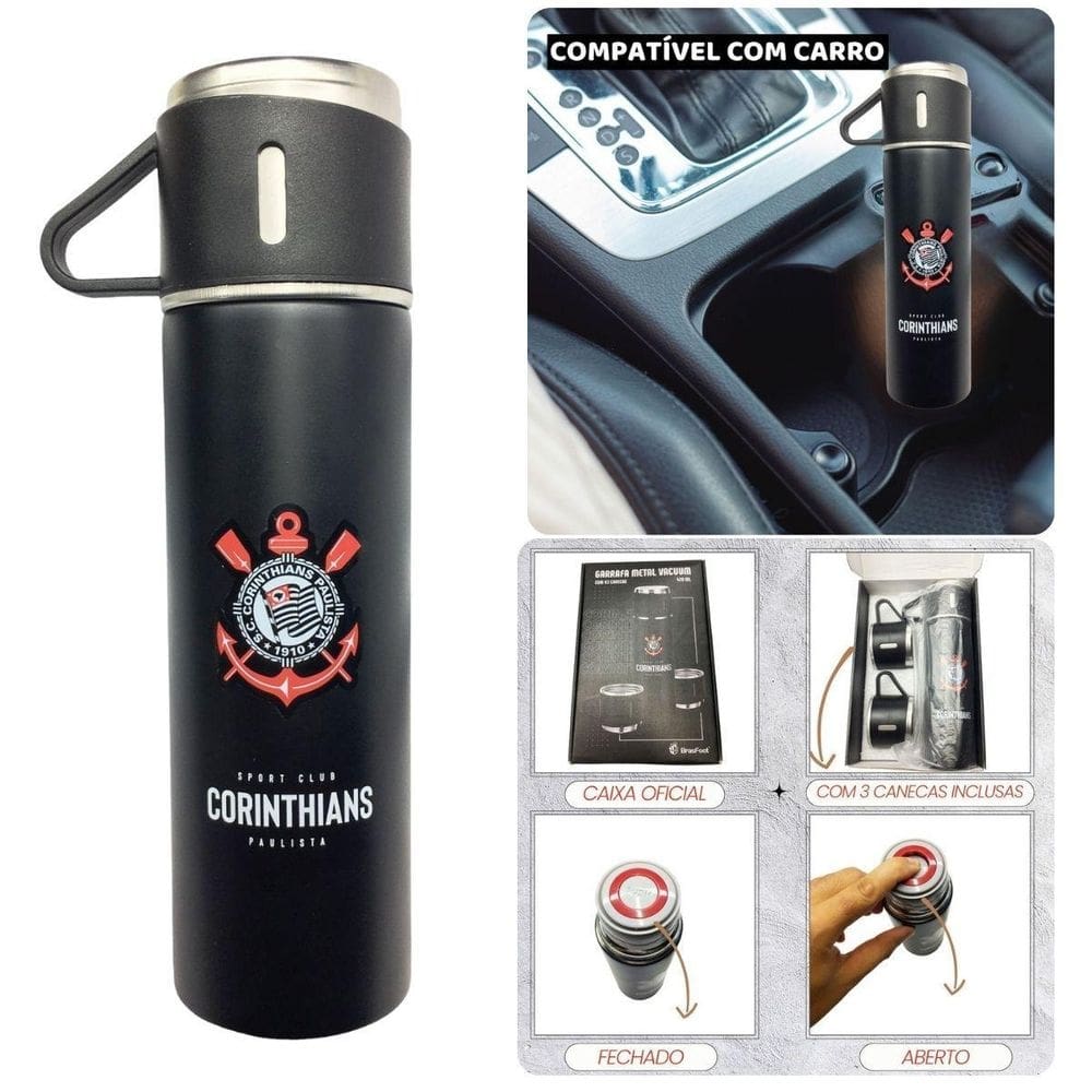 Kit 2 Garrafas Térmica Preta 420Ml 6 Canecas G Quente Frio