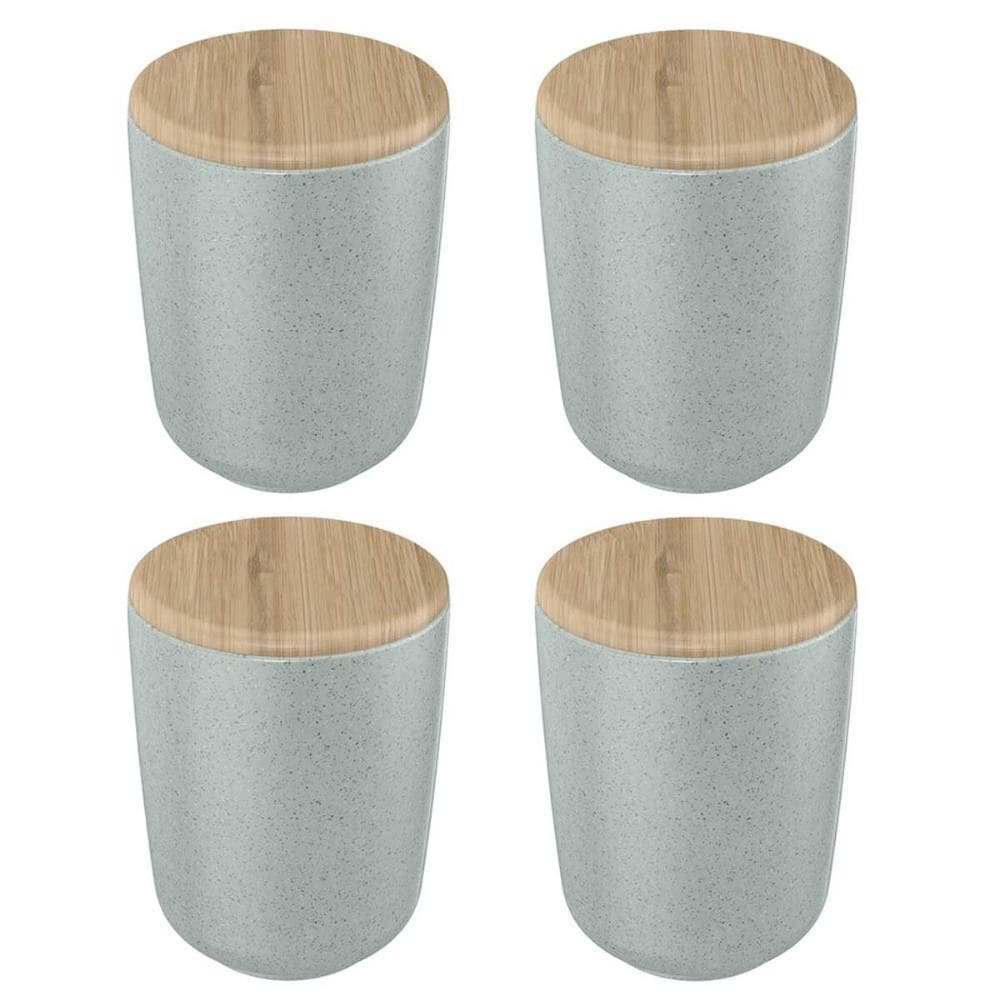 4X Porta Algodão Cotonete Ou Ceramica Cinza Com Tampa Bambu