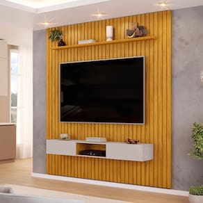 Painel para TV até 75 Polegadas com Bancada Suspensa 02 Portas Trento 2.2 Cedro Ripado Bali DJ Móveis