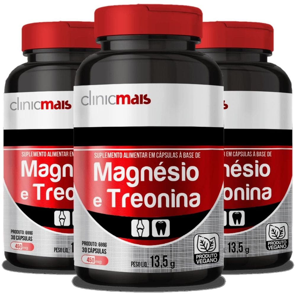 Magnésio e Treonina 30 cápsulas 450mg Kit com 3