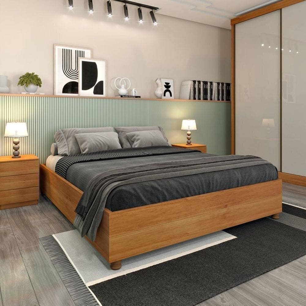 Cama Box Casal Mônaco e Mesa de Cabeceira Veronna Cinamomo