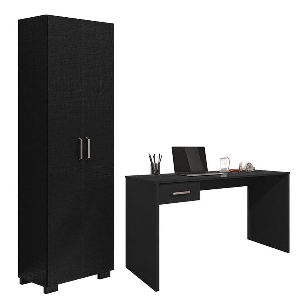 Mesa para Computador Gávea com Gaveta e Livreiro Office com Portas Grandes Preto Trama - Móveis Leão