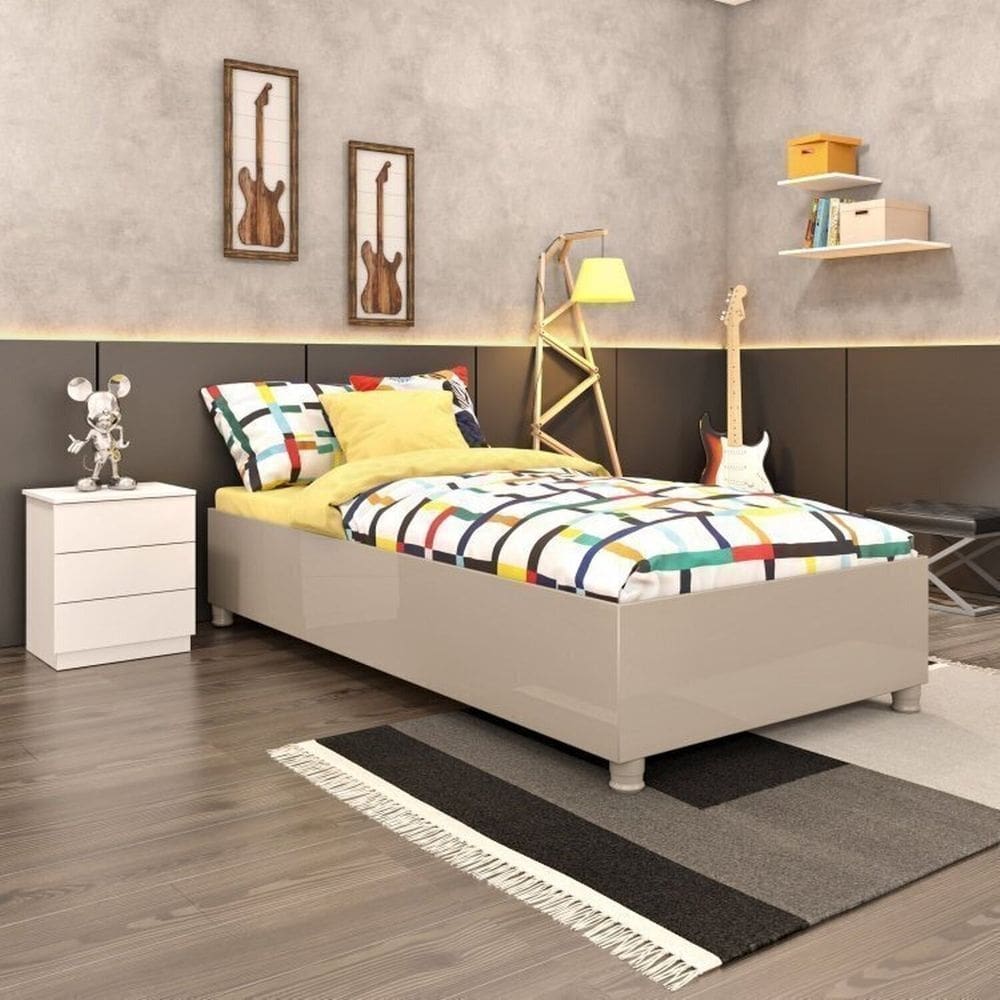 Cama Box Solteiro Mônaco e Mesa de Cabeceira Veronna Neve/Off White