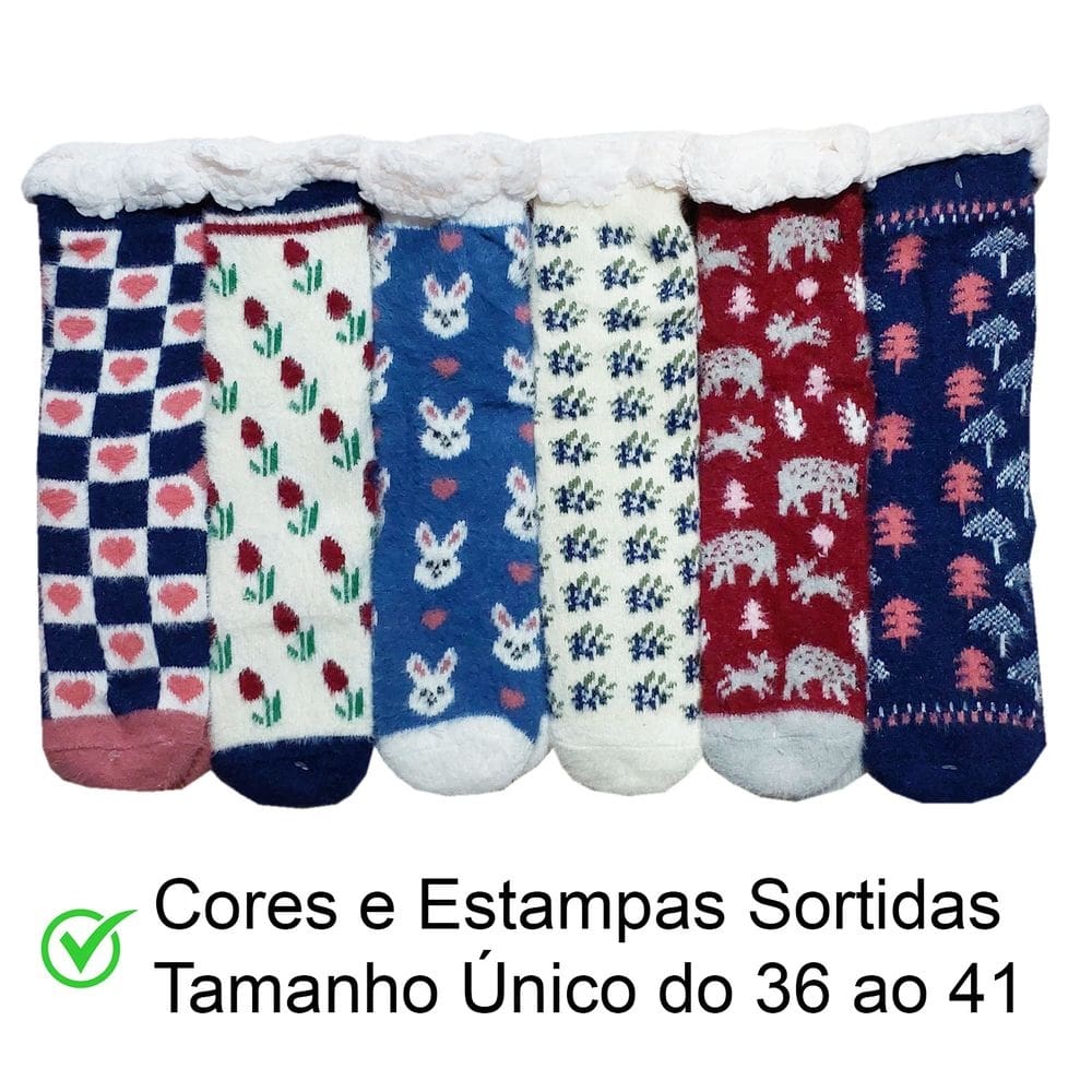 Meia Térmica Lã Forrada Pelúcia Antiderrapante + 2 Pares De Meias Soft = Kit 3 Pares