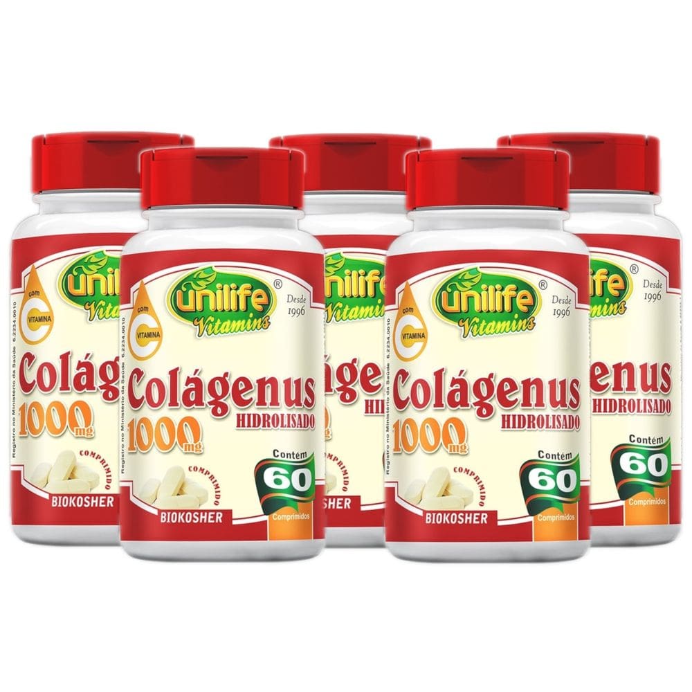 Colágeno Hidrolisado com Vitamina C 60 Comprimidos de 1000mg Kit com 5