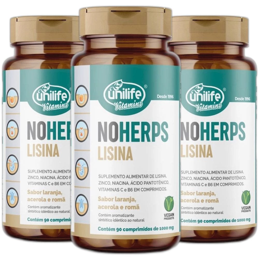 Suplemento Alimentar de Lisina NOHERPS 90 Comp. de 1000mg Kit com 3