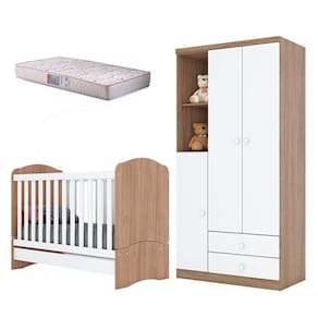 Berço Nacional Bala de Menta e Guarda Roupa Infantil Pique-Esconde Rústico Branco com Colchão Gazin - Henn