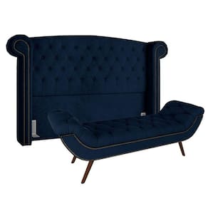 Cabeceira Cama Box Casal 140cm Provença Com Calçadeira Vêneto P02 Veludo Azul Marinho