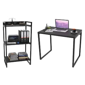 Conjunto Escritório Mesa 90Cm E Estante 60Cm 3 Prateleiras Prisma Preto Onix