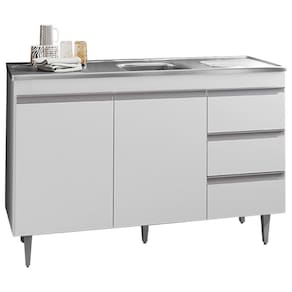 Balcão Com Pia Inox 120Cm 2 Portas 3 Gavetas Andréia Branco