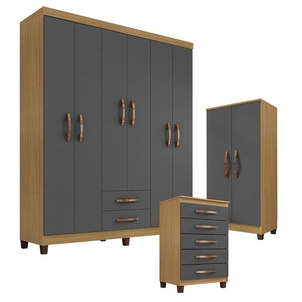 Guarda Roupa Casal Modena com Cômoda Cannes 5 Gavetas e Armário Multiuso Recife Carvalho Americano Grafite - Incorplac