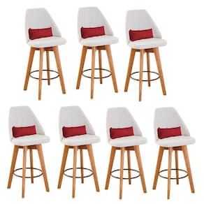 Kit 07 Banquetas Com Encosto Bege E Almofada Vermelho