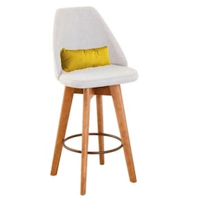 Banqueta Com Encosto Linho Bege E Almofada Suede Amarelo