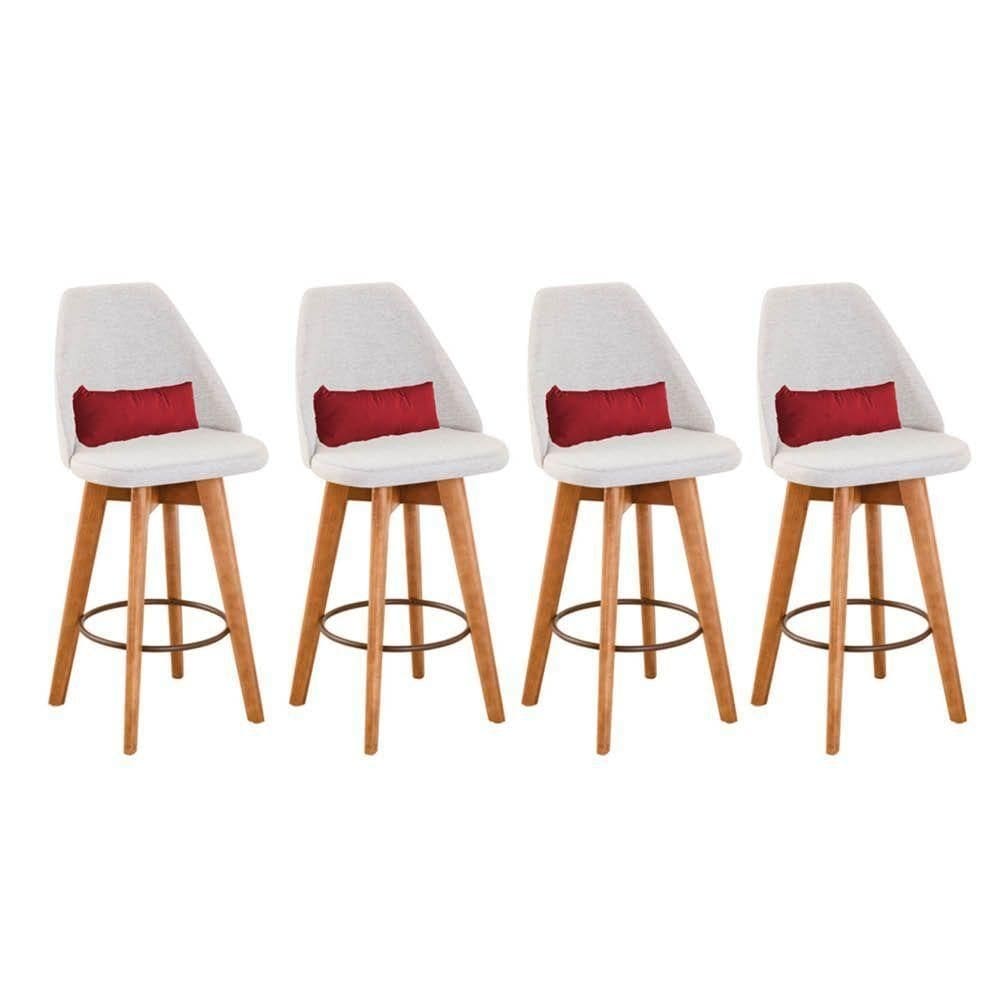 Kit 04 Banquetas Linho Bege E Almofada Suede Vermelho