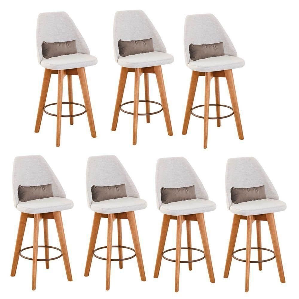 Kit 07 Banquetas Linho Bege E Almofada Sintético Bege