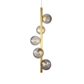 Lustre Vertical Figo Ouro - 5 Globos Esfera De Vidro Fumê