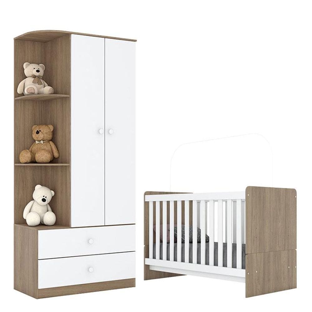 Berço Nacional e Guarda Roupa Infantil Labirinto Rústico Branco Brilho - Henn