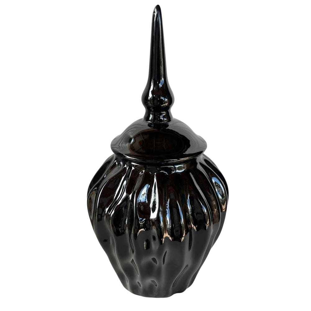 Potiche de cerâmica com tampa trabalhado ondulação preto