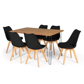 Conjunto Mesa De Jantar Hairpin 130x80 Natural Com 6 Cadeiras Eiffel Leda - Preto