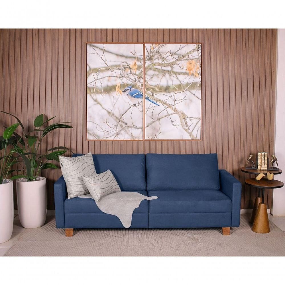 Sofá 3 Lugares 2,00m Fixo Veludo Plaza Azul - Straub Web