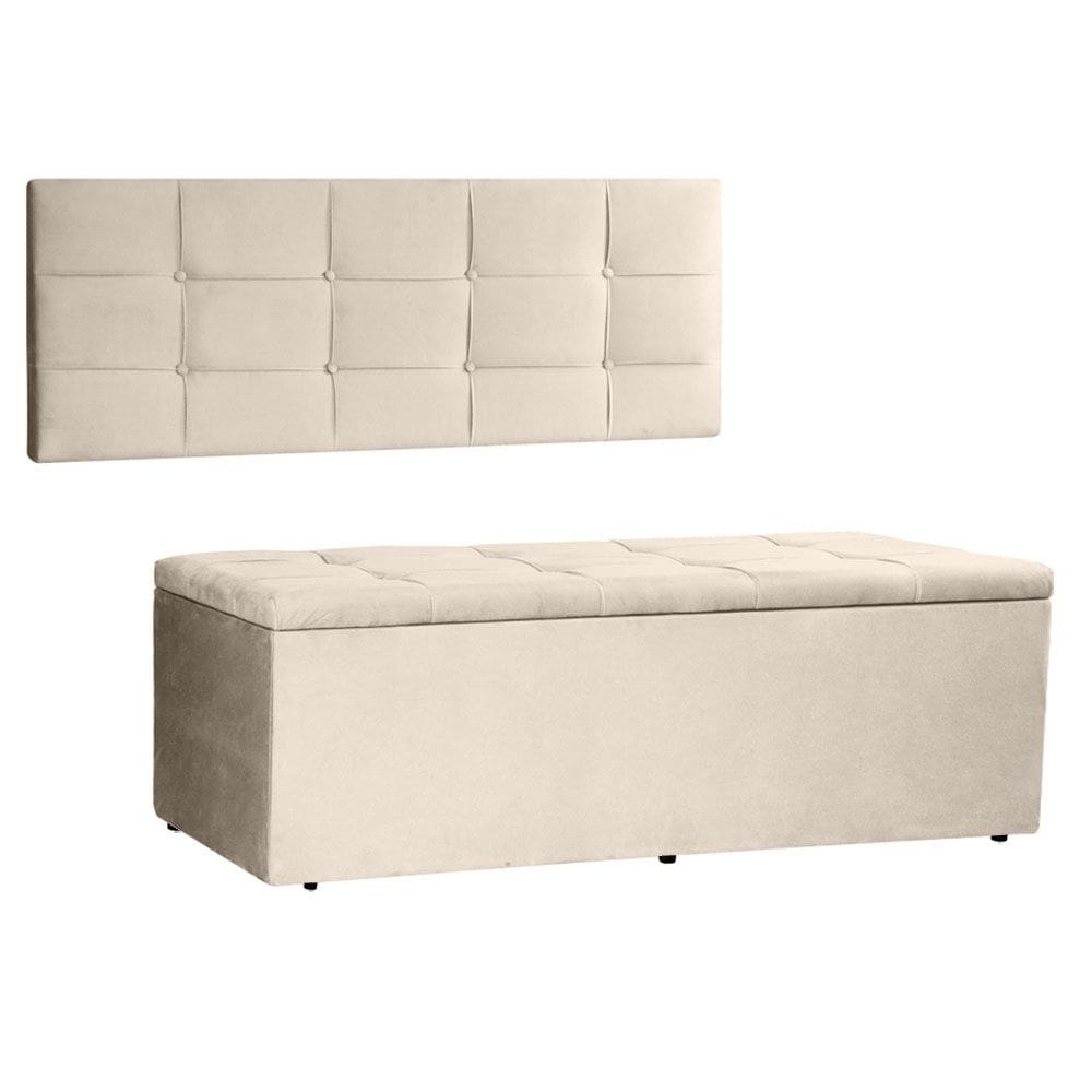 Kit Painel e Calçadeira Baú Solteiro 0,90m Roma Suede Bege - Pallazio