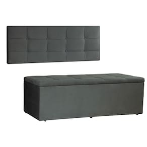 Kit Painel e Calçadeira Baú Solteiro 0,90m Roma Suede Cinza - Pallazio