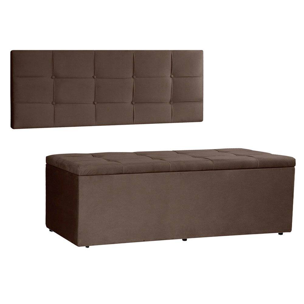 Kit Painel e Calçadeira Baú Casal 1,40m Roma Suede Marrom - Pallazio