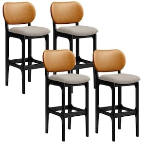 Kit 4 Banquetas Alta Betta Preto Whisky Linho Bege