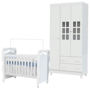 Berço Americano New Nanda e Guarda Roupa Mariah 3 Portas Branco Brilho – Carolina