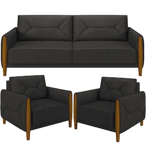 Kit Sofá 03 Lugares 220Cm Com 02 Poltronas Berilo M03 Preto