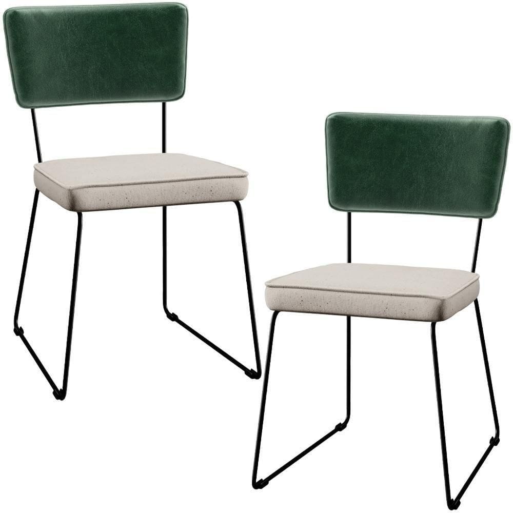Kit 02 Cadeiras Estofada L02 Facto Verde Musgo Linho Cru