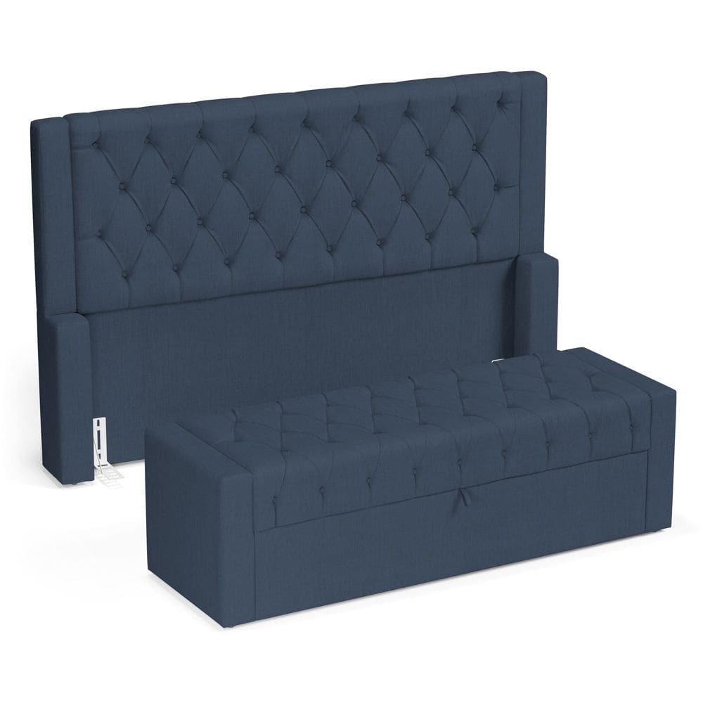 Cabeceira e Calçadeira Báu Casal Padrão Atena 140cm Capitonê Linho Azul - Desk Design