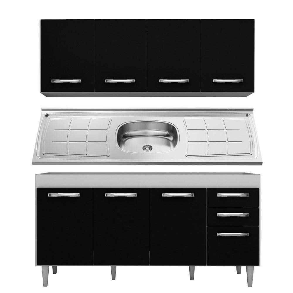 Armário Aéreo E Balcão Com Pia Inox 160cm Branco/Preto