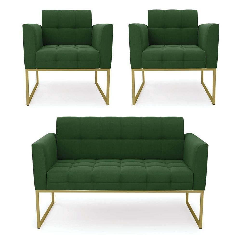 Kit 1 Sofá Namoradeira E 2 Poltronas Elisa Suede Base Metálica Industrial Dourada D`rossi Cor Verde