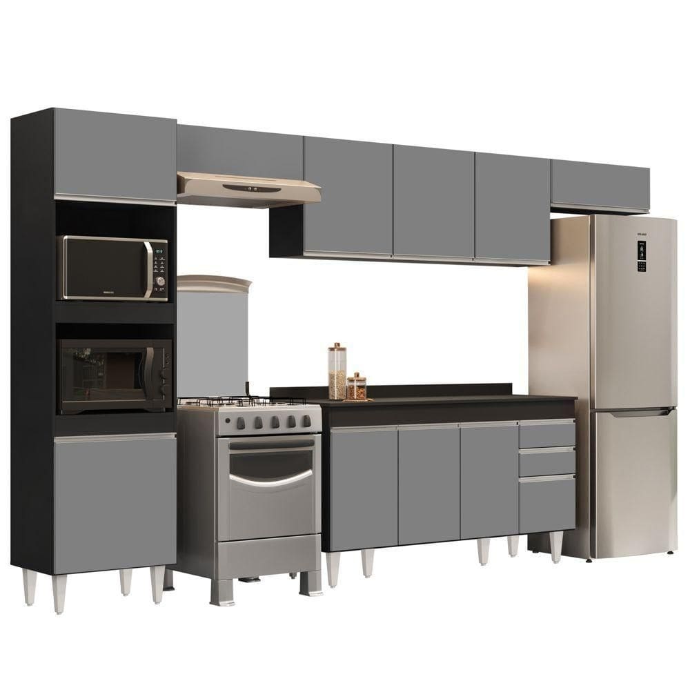 Armário De Cozinha Modulada 5 Peças Cp14 Balcão Com Tampo Preto/cinza - Lumil