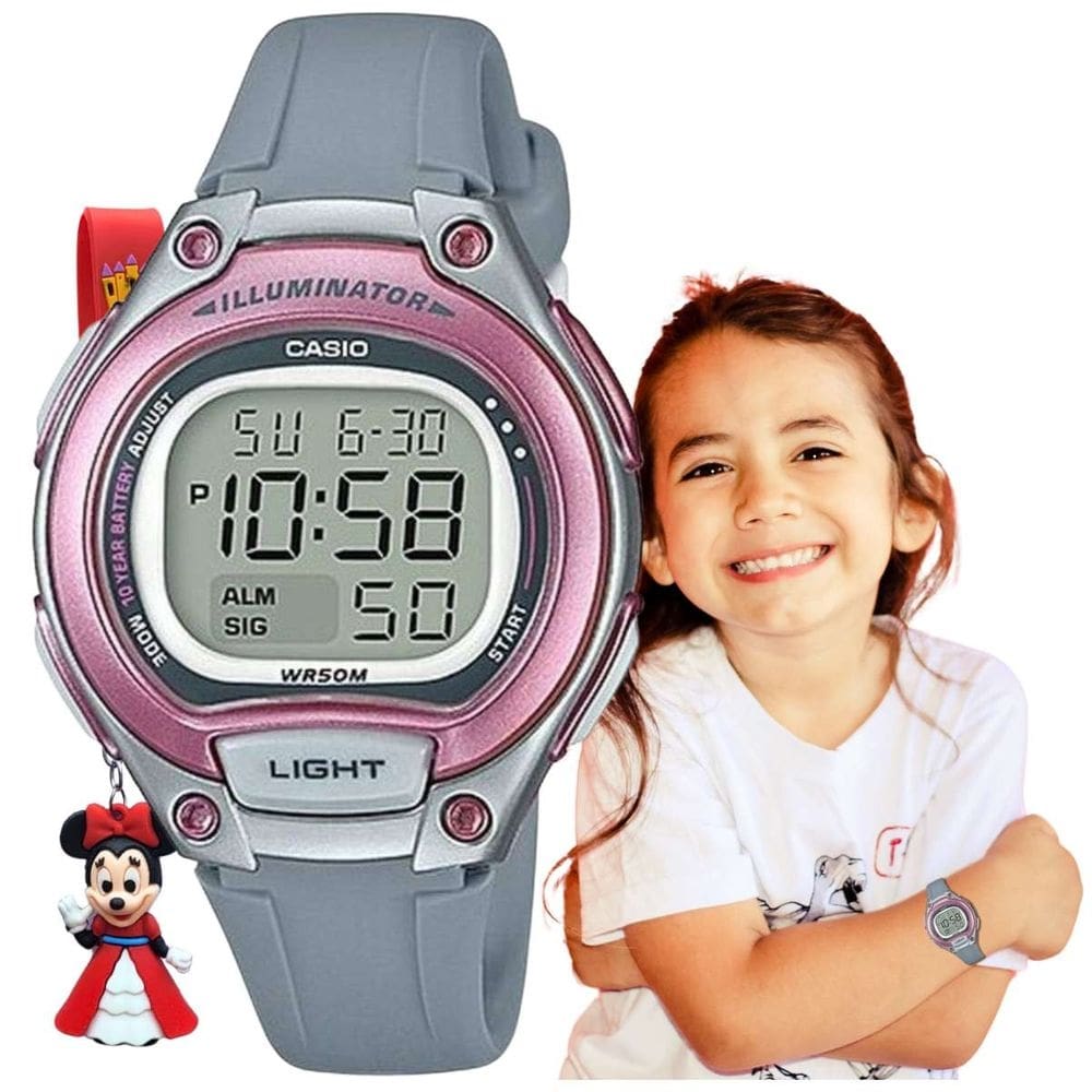 Relógio de Pulso Casio Infantil Prova Dagua Calendáro Alarme Cronomemtro Luz Led Digital Esportivo LW-203 Rosa Preto Azul Cinza + Chaveiro Personagens