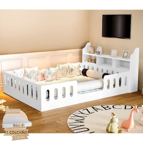 Cama Casal Design Montessoriana Helo com Nicho e Colchão D28 Branca - Divaloto Móveis