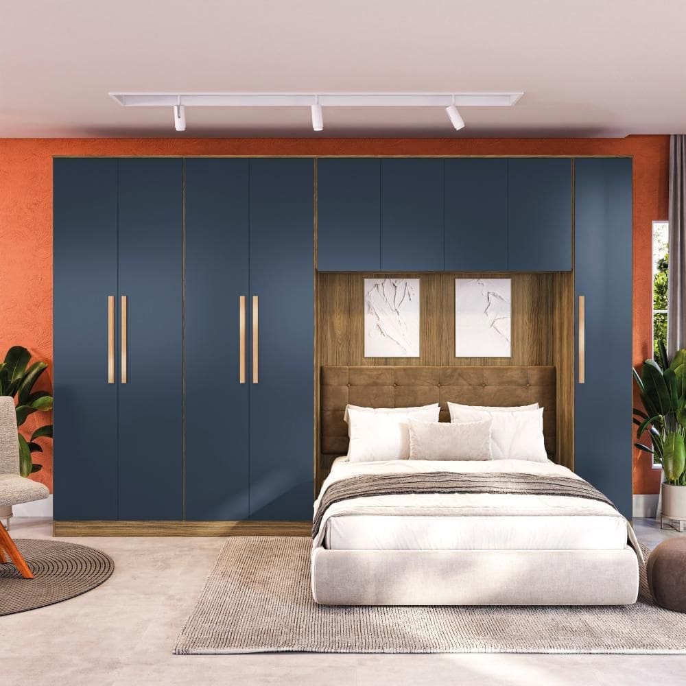 Quarto Modular Kappesberg Adapt Nogueira/Azul Profundo 4 peças 376cm