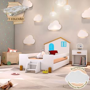 Cama Montessoriana Infantil Juvenil Belissima Azul - Branco e Amêndoa + Luminária Led + Colchão