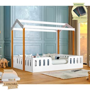 Cama com Colchão D28 Montessoriana Casal Infantil Ágatha Branco/amêndoa Incluso Lousa Mágica