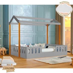 Cama com Colchão D28 Montessoriana Casal Infantil Ágatha Cinza e Amêndoa Incluso Luminária