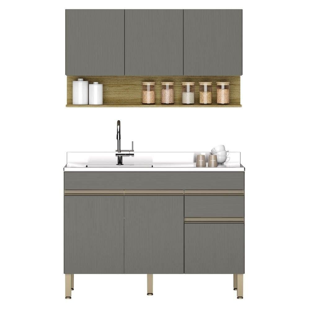 Armário De Cozinha E Balcão Com Pia 120cm Lina K02 Gris/freijó - Mpozenato