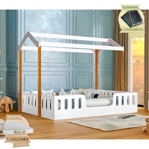 Cama com Colchão D28 Montessoriana Casal Infantil Ágatha Branco/amêndoa Incluso Lousa Mágica