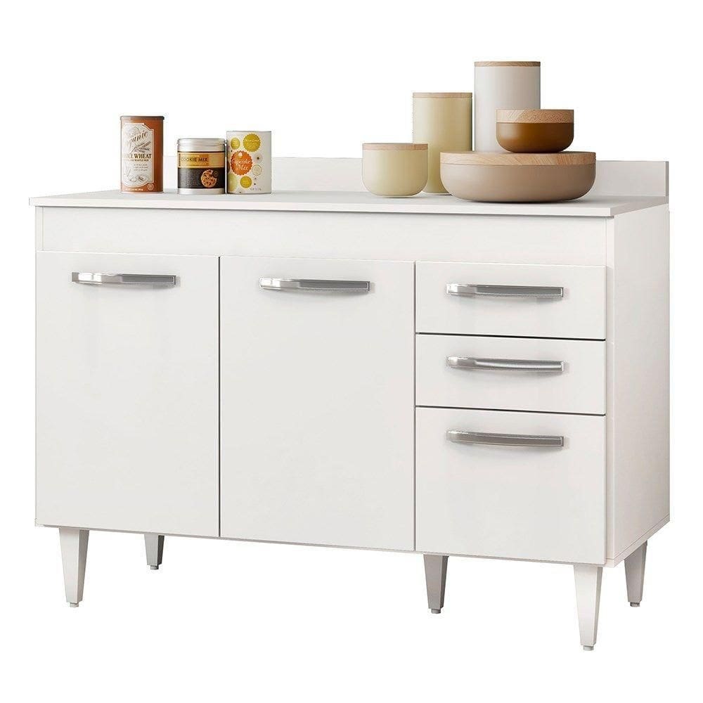 Balcão Gabinete De Pia Com Tampo Suécia 120Cm 03 Portas 02 Gavetas Branco