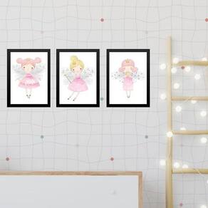 Kit 3 Quadros Infantis Fadinhas Princesas 33X24Cm