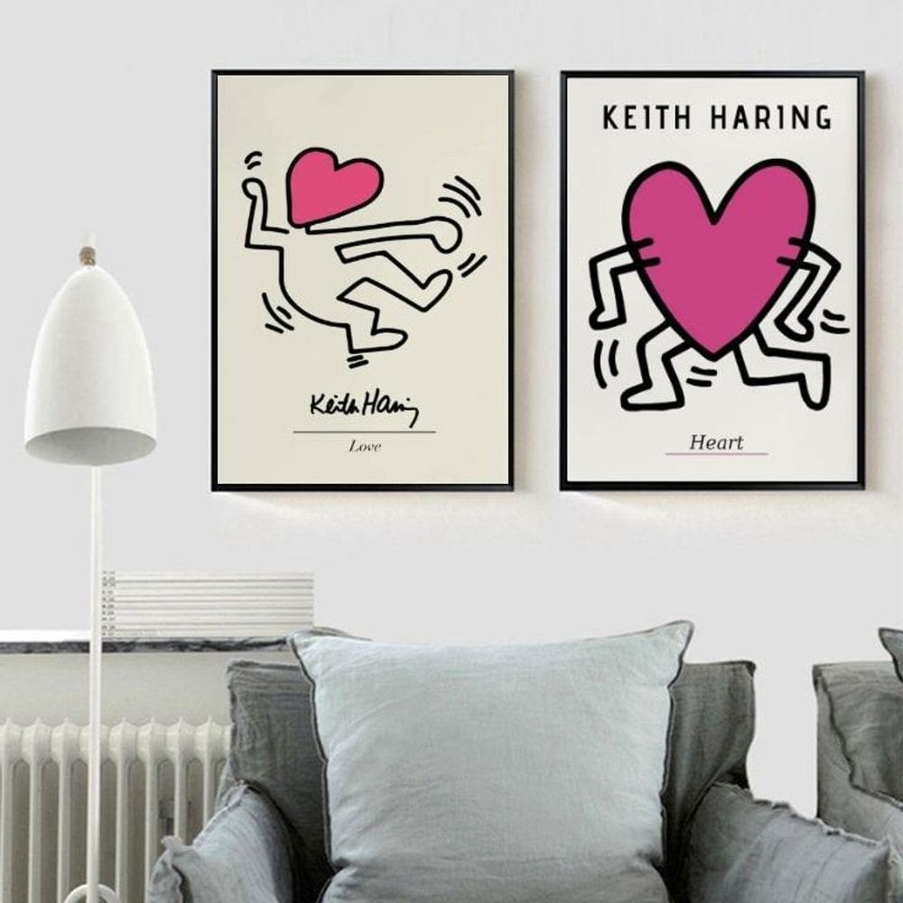 Kit 2 Quadros Keith Haring Heart Love 33X24Cm - Com Vidro