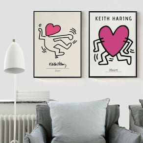 Kit 2 Quadros Keith Haring Heart Love 45X34Cm - Com Vidro