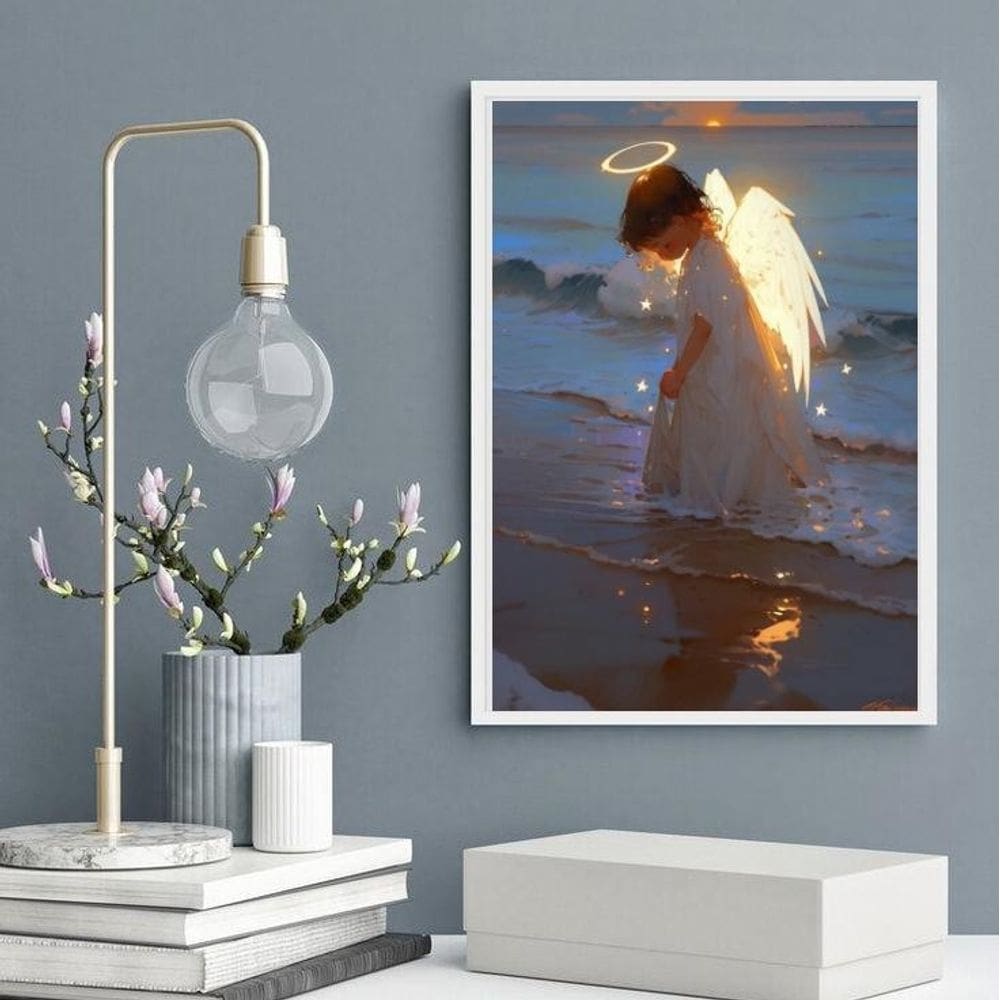 Quadro Anjinho Criança Saindo Do Mar 45X34Cm - Com Vidro